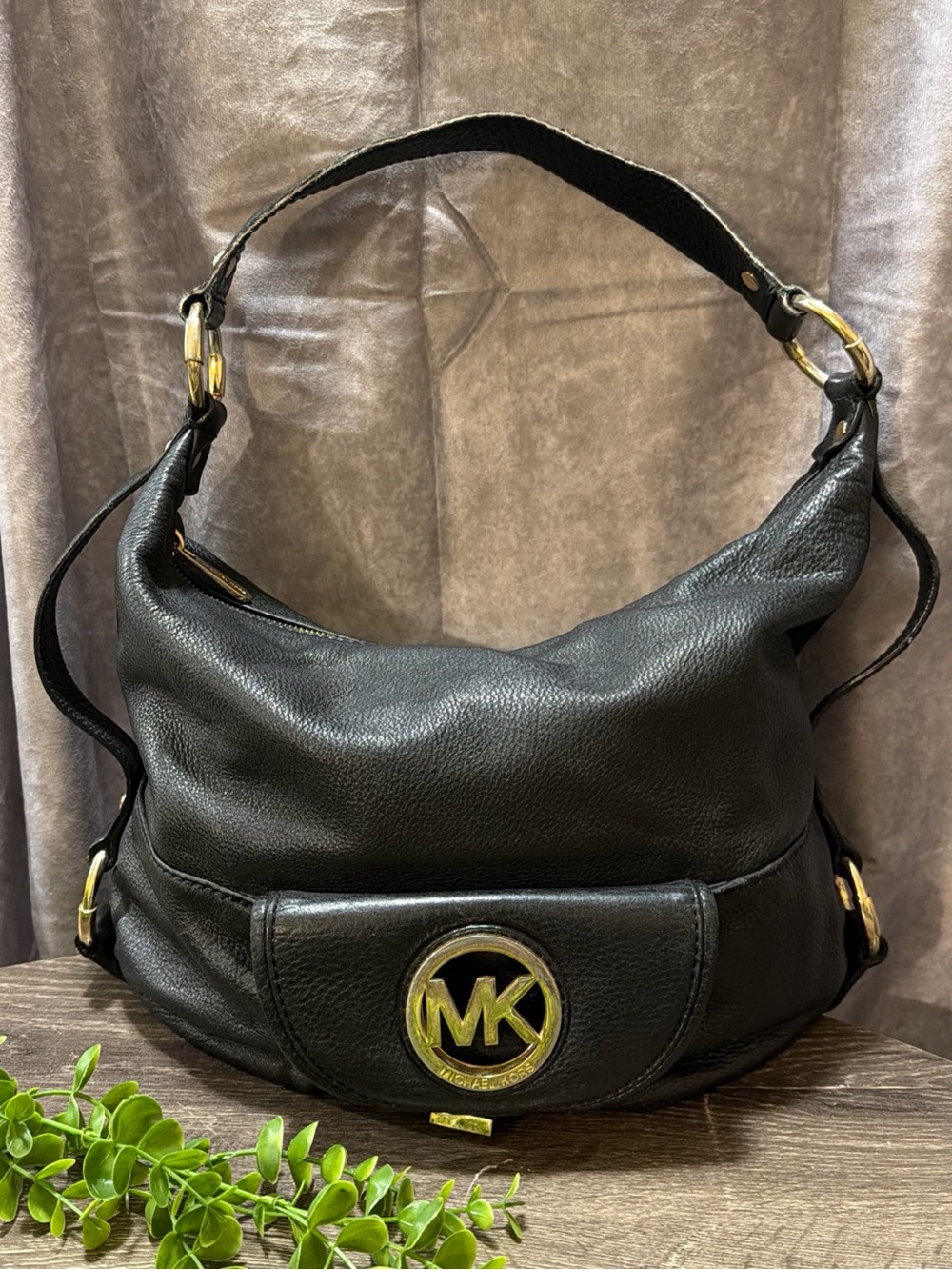 Michael Kors Black Pebbled Leather Hobo Bag MK Logo Shoulder Purse